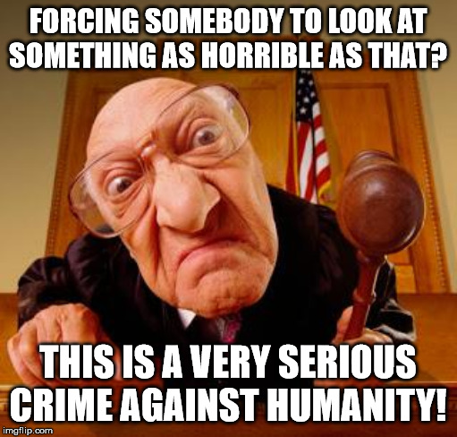 Mean Judge | FORCING SOMEBODY TO LOOK AT SOMETHING AS HORRIBLE AS THAT? THIS IS A VERY SERIOUS CRIME AGAINST HUMANITY! | image tagged in mean judge | made w/ Imgflip meme maker