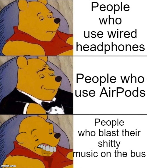 Winnie the Pooh | People who use wired headphones; People who use AirPods; People who blast their shitty music on the bus | image tagged in best better blurst,airpods | made w/ Imgflip meme maker