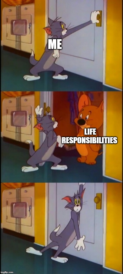 I'd rather make memes | ME; LIFE RESPONSIBILITIES | image tagged in tom shutting door scared,funny,memes,tom and jerry | made w/ Imgflip meme maker