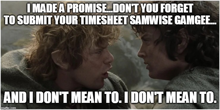 I MADE A PROMISE...DON'T YOU FORGET TO SUBMIT YOUR TIMESHEET SAMWISE GAMGEE... AND I DON'T MEAN TO. I DON'T MEAN TO. | image tagged in lord of the rings,timesheet reminder | made w/ Imgflip meme maker