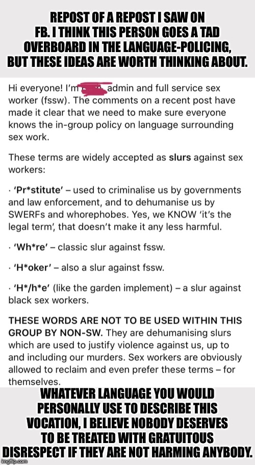 I sometimes say “prostitute” myself but avoid the others. “Sex worker” is the broadest/most neutral term out there right now. | REPOST OF A REPOST I SAW ON FB. I THINK THIS PERSON GOES A TAD OVERBOARD IN THE LANGUAGE-POLICING, BUT THESE IDEAS ARE WORTH THINKING ABOUT. WHATEVER LANGUAGE YOU WOULD PERSONALLY USE TO DESCRIBE THIS VOCATION, I BELIEVE NOBODY DESERVES TO BE TREATED WITH GRATUITOUS DISRESPECT IF THEY ARE NOT HARMING ANYBODY. | image tagged in prostitute,whore,respect,disrespect,political correctness,hooker | made w/ Imgflip meme maker