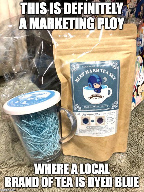 Blue Harb Tea | THIS IS DEFINITELY A MARKETING PLOY; WHERE A LOCAL BRAND OF TEA IS DYED BLUE | image tagged in megaman,memes | made w/ Imgflip meme maker