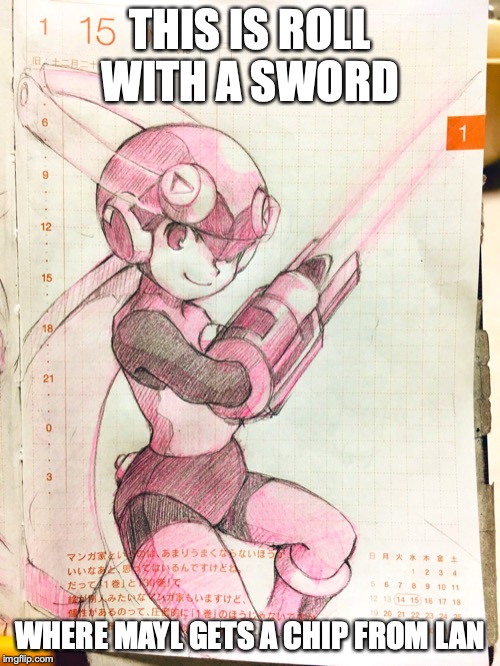 Roll With Sword | THIS IS ROLL WITH A SWORD; WHERE MAYL GETS A CHIP FROM LAN | image tagged in megaman,megaman nt warrior,megaman battle network,memes | made w/ Imgflip meme maker