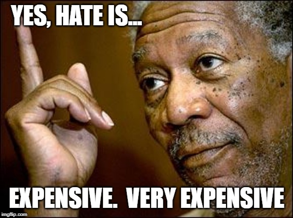 This Morgan Freeman | YES, HATE IS... EXPENSIVE.  VERY EXPENSIVE | image tagged in this morgan freeman | made w/ Imgflip meme maker