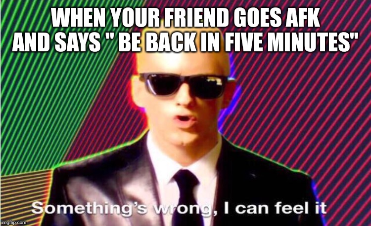 Something’s wrong | WHEN YOUR FRIEND GOES AFK AND SAYS " BE BACK IN FIVE MINUTES" | image tagged in somethings wrong | made w/ Imgflip meme maker