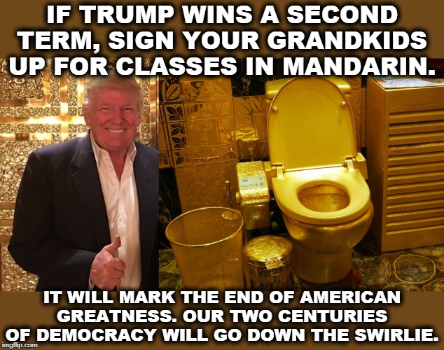 This drug-addicted loser is destroying what it took 200+ years to build. America used to be great, but it sure isn't now. | IF TRUMP WINS A SECOND TERM, SIGN YOUR GRANDKIDS UP FOR CLASSES IN MANDARIN. IT WILL MARK THE END OF AMERICAN GREATNESS. OUR TWO CENTURIES OF DEMOCRACY WILL GO DOWN THE SWIRLIE. | image tagged in trump,dictator,king,jerk,moron,asshole | made w/ Imgflip meme maker