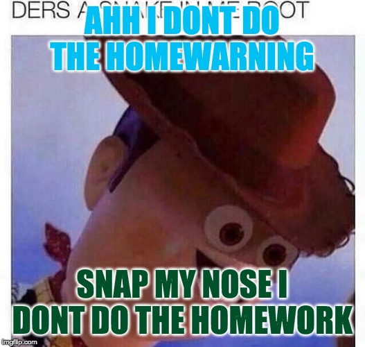 yeet | AHH I DONT DO THE HOMEWARNING; SNAP MY NOSE I DONT DO THE HOMEWORK | image tagged in yeet | made w/ Imgflip meme maker