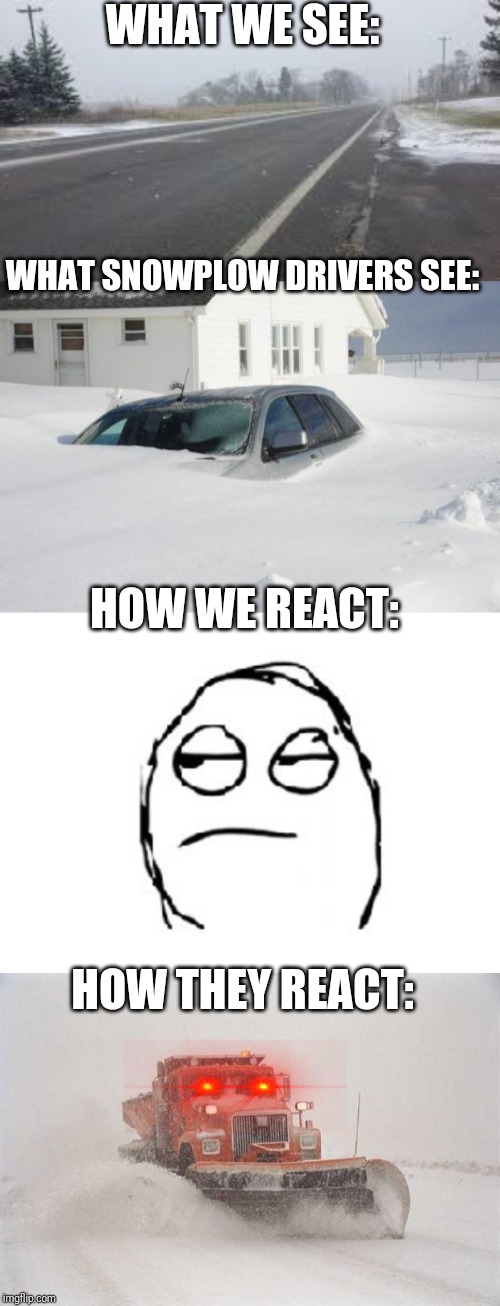 WHAT WE SEE:; WHAT SNOWPLOW DRIVERS SEE:; HOW WE REACT:; HOW THEY REACT: | image tagged in snow storm large,snowplow snowstorm,light snow,meh | made w/ Imgflip meme maker