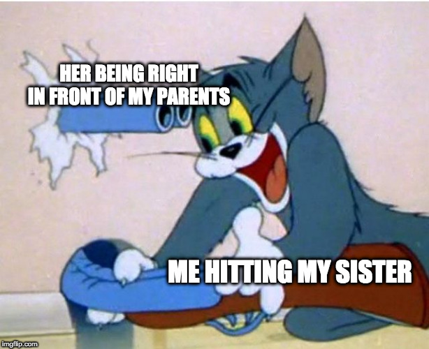 Tom and Jerry | HER BEING RIGHT IN FRONT OF MY PARENTS; ME HITTING MY SISTER | image tagged in tom and jerry | made w/ Imgflip meme maker
