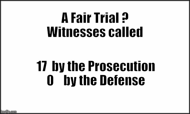 plain white | A Fair Trial ?
Witnesses called 17  by the Prosecution
0    by the Defense | image tagged in plain white | made w/ Imgflip meme maker