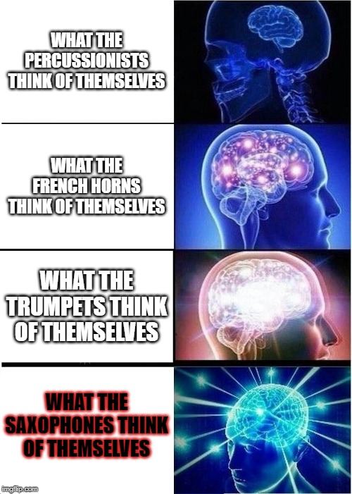 Expanding Brain | WHAT THE PERCUSSIONISTS THINK OF THEMSELVES; WHAT THE FRENCH HORNS THINK OF THEMSELVES; WHAT THE TRUMPETS THINK OF THEMSELVES; WHAT THE SAXOPHONES THINK OF THEMSELVES | image tagged in memes,expanding brain | made w/ Imgflip meme maker