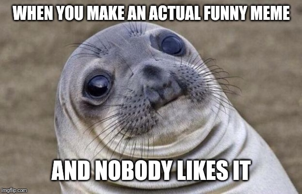 Awkward Moment Sealion Meme | WHEN YOU MAKE AN ACTUAL FUNNY MEME; AND NOBODY LIKES IT | image tagged in memes,awkward moment sealion | made w/ Imgflip meme maker