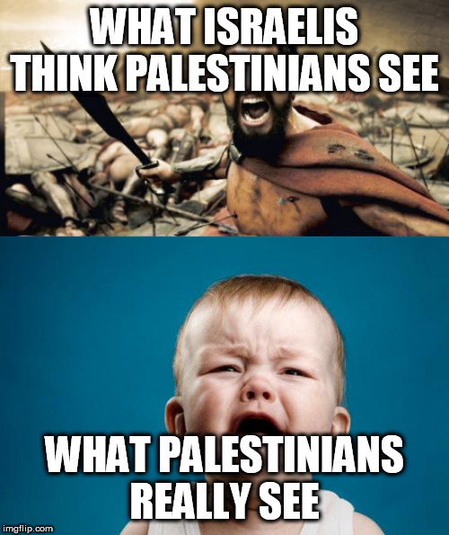 Such is the course of apartheid | WHAT ISRAELIS THINK PALESTINIANS SEE; WHAT PALESTINIANS REALLY SEE | image tagged in memes,sparta leonidas,baby crying | made w/ Imgflip meme maker