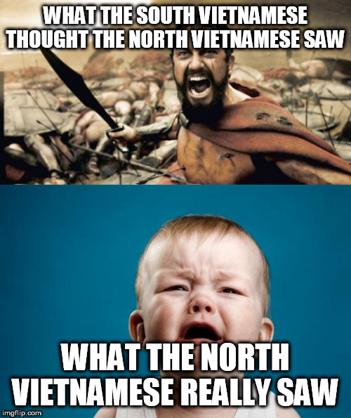 The Vietnam War in a nutshell | WHAT THE SOUTH VIETNAMESE THOUGHT THE NORTH VIETNAMESE SAW; WHAT THE NORTH VIETNAMESE REALLY SAW | image tagged in memes,sparta leonidas,baby crying,vietnam war,the vietnam war,vietnam | made w/ Imgflip meme maker