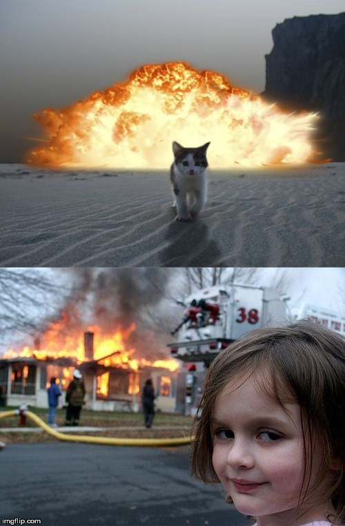 I told you the cat did it. | image tagged in memes,disaster girl | made w/ Imgflip meme maker
