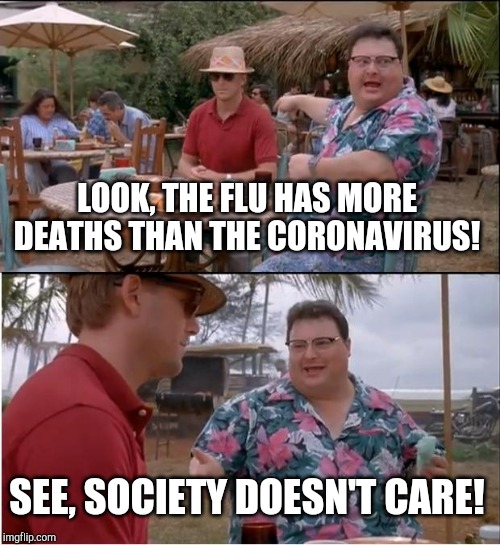 Welp, it you look it up, it's definitely true. | LOOK, THE FLU HAS MORE DEATHS THAN THE CORONAVIRUS! SEE, SOCIETY DOESN'T CARE! | image tagged in memes,see nobody cares | made w/ Imgflip meme maker