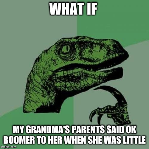 Philosoraptor | WHAT IF; MY GRANDMA'S PARENTS SAID OK BOOMER TO HER WHEN SHE WAS LITTLE | image tagged in memes,philosoraptor | made w/ Imgflip meme maker