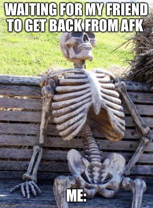 Waiting Skeleton Meme | WAITING FOR MY FRIEND TO GET BACK FROM AFK; ME: | image tagged in memes,waiting skeleton | made w/ Imgflip meme maker