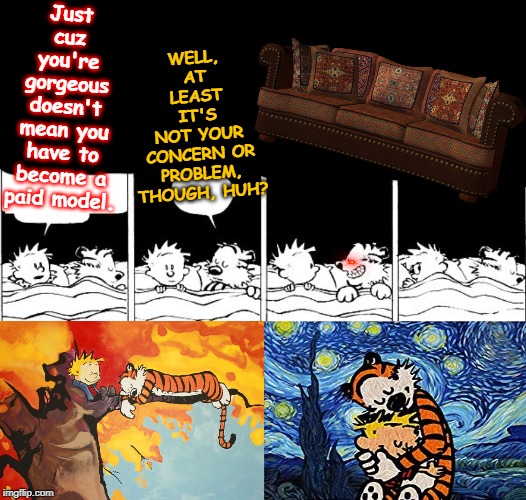 Bubble Burster Rebooted Calvin and Hobbes | WELL, AT LEAST IT'S NOT YOUR CONCERN OR PROBLEM, THOUGH, HUH? Just cuz you're gorgeous doesn't mean you have to become a paid model. | image tagged in bubble burster rebooted calvin and hobbes | made w/ Imgflip meme maker