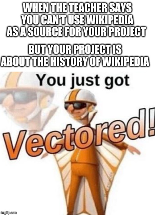 You just got vectored | WHEN THE TEACHER SAYS YOU CAN'T USE WIKIPEDIA AS A SOURCE FOR YOUR PROJECT; BUT YOUR PROJECT IS ABOUT THE HISTORY OF WIKIPEDIA | image tagged in you just got vectored | made w/ Imgflip meme maker