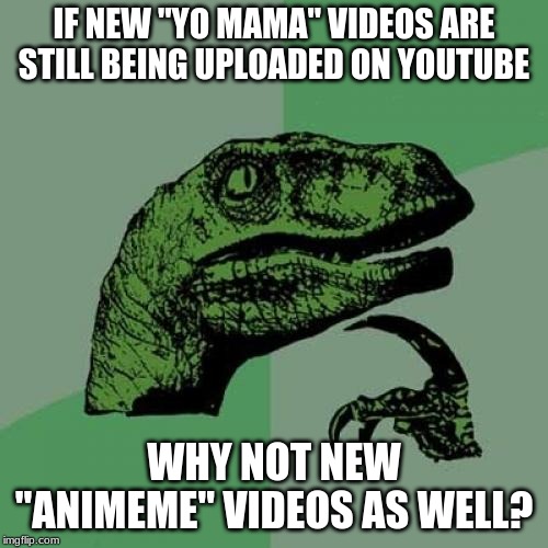 Hopefully some of you still remember AniMeme. | IF NEW "YO MAMA" VIDEOS ARE STILL BEING UPLOADED ON YOUTUBE; WHY NOT NEW "ANIMEME" VIDEOS AS WELL? | image tagged in memes,philosoraptor,youtube,yo mama,animeme | made w/ Imgflip meme maker
