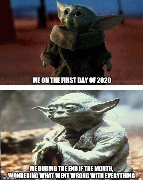 baby yoda old yoda |  ME ON THE FIRST DAY OF 2020; ME DURING THE END IF THE MONTH, WONDERING WHAT WENT WRONG WITH EVERYTHING | image tagged in baby yoda old yoda | made w/ Imgflip meme maker