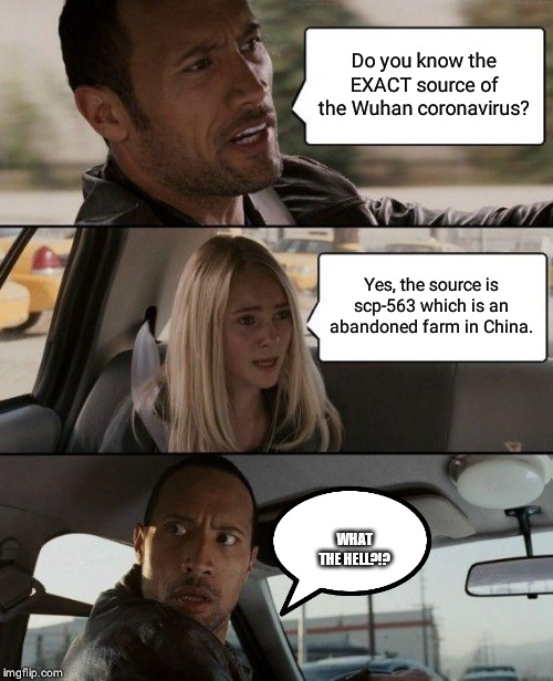 The Rock Driving | Do you know the EXACT source of the Wuhan coronavirus? Yes, the source is scp-563 which is an abandoned farm in China. WHAT THE HELL?!? | image tagged in memes,the rock driving | made w/ Imgflip meme maker