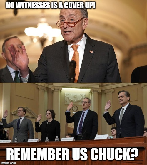 NO WITNESSES IS A COVER UP! REMEMBER US CHUCK? | image tagged in impeachment,president trump,democrats,republicans | made w/ Imgflip meme maker