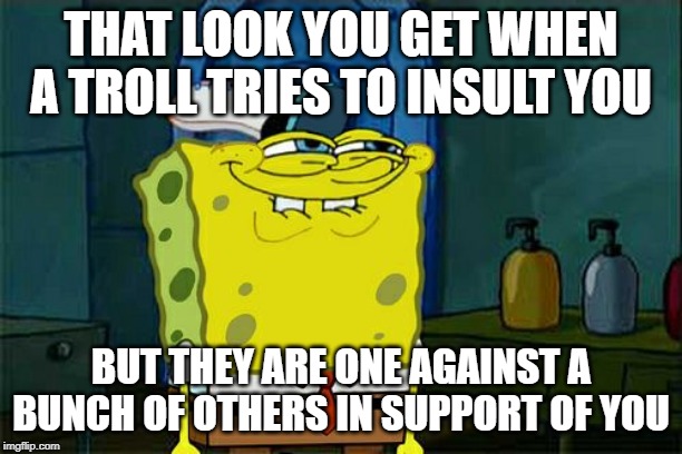 Don't You Squidward | THAT LOOK YOU GET WHEN A TROLL TRIES TO INSULT YOU; BUT THEY ARE ONE AGAINST A BUNCH OF OTHERS IN SUPPORT OF YOU | image tagged in memes,dont you squidward | made w/ Imgflip meme maker
