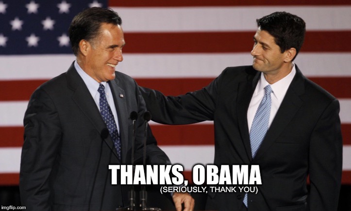 Thanks, Obama | image tagged in mitt romney,paul ryan,obama | made w/ Imgflip meme maker
