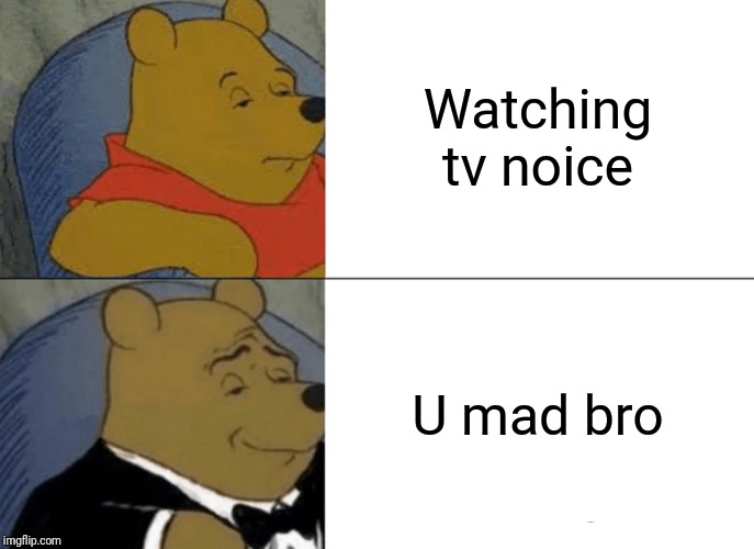 Winnie the poe gets trolled | Watching tv noice; U mad bro | image tagged in memes,tuxedo winnie the pooh,you mad bro,noice | made w/ Imgflip meme maker