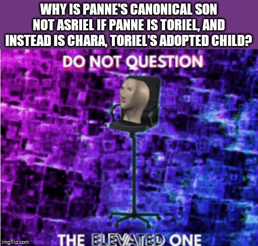 Do not question the elevated one | WHY IS PANNE'S CANONICAL SON NOT ASRIEL IF PANNE IS TORIEL, AND INSTEAD IS CHARA, TORIEL'S ADOPTED CHILD? | image tagged in do not question the elevated one | made w/ Imgflip meme maker