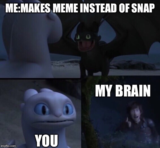 How to train your dragon 3 | ME:MAKES MEME INSTEAD OF SNAP; MY BRAIN; YOU | image tagged in how to train your dragon 3 | made w/ Imgflip meme maker