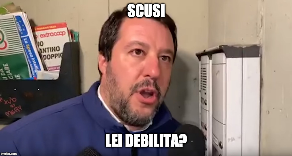 Salvini Citofono | SCUSI; LEI DEBILITA? | image tagged in salvini citofono | made w/ Imgflip meme maker