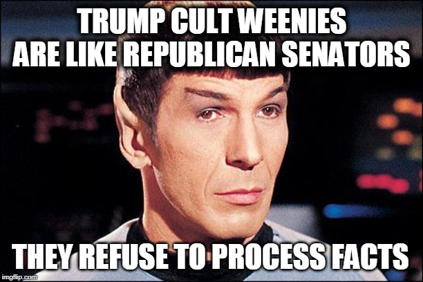 Condescending Spock | TRUMP CULT WEENIES ARE LIKE REPUBLICAN SENATORS THEY REFUSE TO PROCESS FACTS | image tagged in condescending spock | made w/ Imgflip meme maker