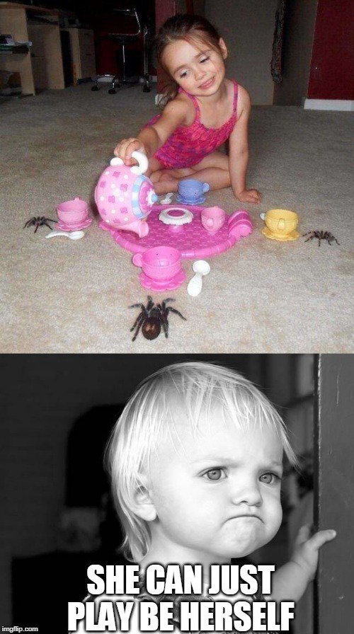 STAY IN YOUR ROOM | SHE CAN JUST PLAY BE HERSELF | image tagged in frown kid,memes,spiders,wtf,kids | made w/ Imgflip meme maker