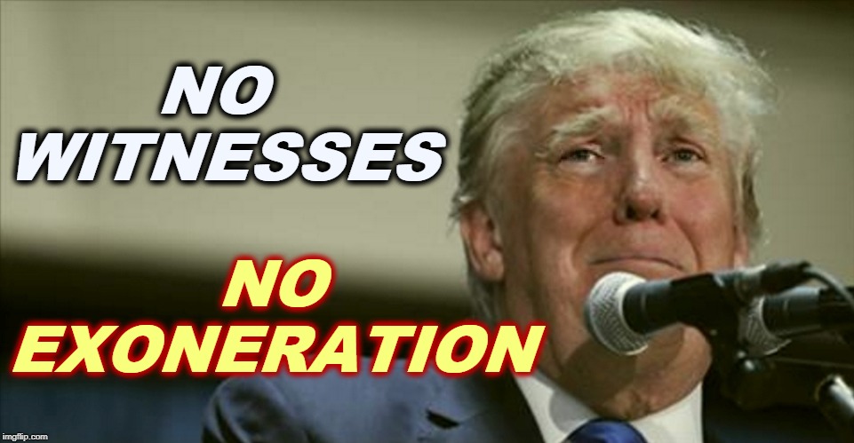 It's not over. | NO 
WITNESSES; NO EXONERATION | image tagged in trump tears at the microphone,trump,impeachment,witnesses,exoneration | made w/ Imgflip meme maker