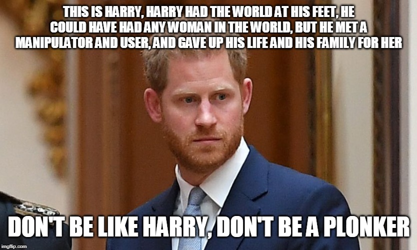 Prince Harry | THIS IS HARRY, HARRY HAD THE WORLD AT HIS FEET, HE COULD HAVE HAD ANY WOMAN IN THE WORLD, BUT HE MET A MANIPULATOR AND USER, AND GAVE UP HIS LIFE AND HIS FAMILY FOR HER; DON'T BE LIKE HARRY, DON'T BE A PLONKER | image tagged in prince harry | made w/ Imgflip meme maker