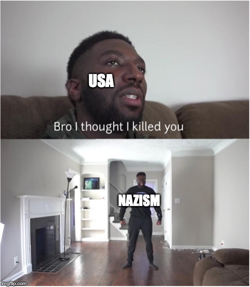 USA; NAZISM | image tagged in two black guys,bro i thought i killed you | made w/ Imgflip meme maker