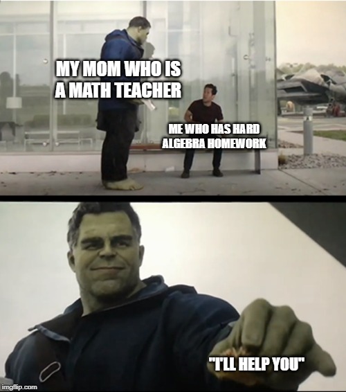 Hulk gives Antman taco | MY MOM WHO IS A MATH TEACHER; ME WHO HAS HARD ALGEBRA HOMEWORK; "I'LL HELP YOU" | image tagged in hulk gives antman taco | made w/ Imgflip meme maker