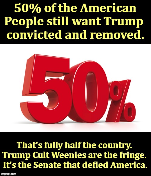 Even after the gutless vote. Lock him up. | 50% of the American People still want Trump 
convicted and removed. That's fully half the country. 
Trump Cult Weenies are the fringe. 
It's the Senate that defied America. | image tagged in trump,impeachment,senate | made w/ Imgflip meme maker