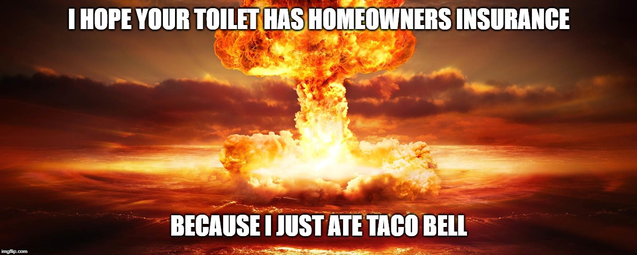 I HOPE YOUR TOILET HAS HOMEOWNERS INSURANCE; BECAUSE I JUST ATE TACO BELL | image tagged in taco bell | made w/ Imgflip meme maker