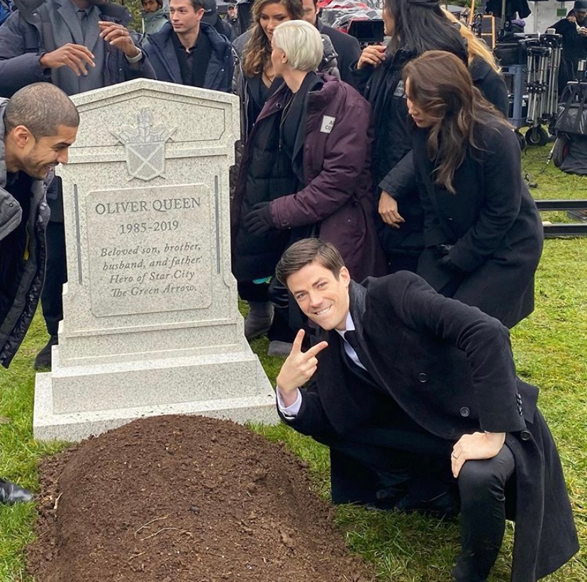 High Quality Grant Gustin Next To Oliver Queen's Grave Blank Meme Template
