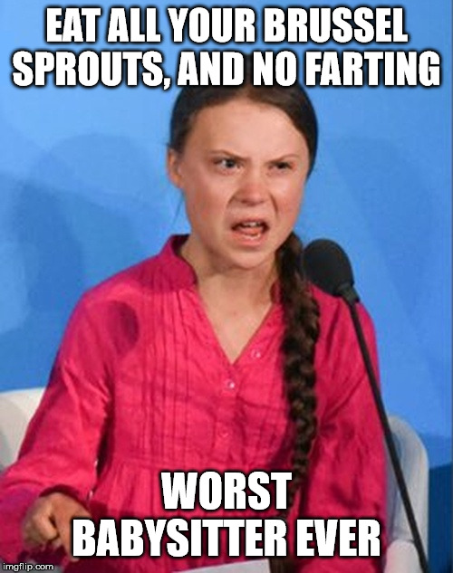 Greta Thunberg how dare you | EAT ALL YOUR BRUSSEL SPROUTS, AND NO FARTING; WORST BABYSITTER EVER | image tagged in greta thunberg how dare you | made w/ Imgflip meme maker