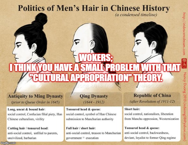 Behold the original man-bun | WOKERS;
I THINK YOU HAVE A SMALL PROBLEM WITH THAT 
"CULTURAL APPROPRIATION" THEORY. | image tagged in behold the original man-bun | made w/ Imgflip meme maker