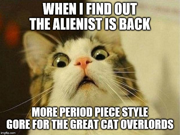 They showed off the trailer last night on TV only. Like with Snowpiercer dumb TNT is taking it sweet time releasing it online. | WHEN I FIND OUT THE ALIENIST IS BACK; MORE PERIOD PIECE STYLE GORE FOR THE GREAT CAT OVERLORDS | image tagged in memes,scared cat,cats,tnt,tv | made w/ Imgflip meme maker