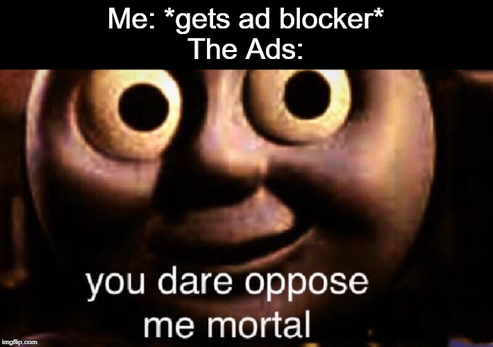 Yes I do | Me: *gets ad blocker*
The Ads: | image tagged in you dare oppose me mortal,ads,blocked | made w/ Imgflip meme maker