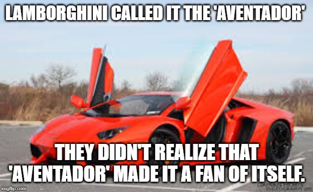 FAAN | LAMBORGHINI CALLED IT THE 'AVENTADOR'; THEY DIDN'T REALIZE THAT 'AVENTADOR' MADE IT A FAN OF ITSELF. | image tagged in faan | made w/ Imgflip meme maker