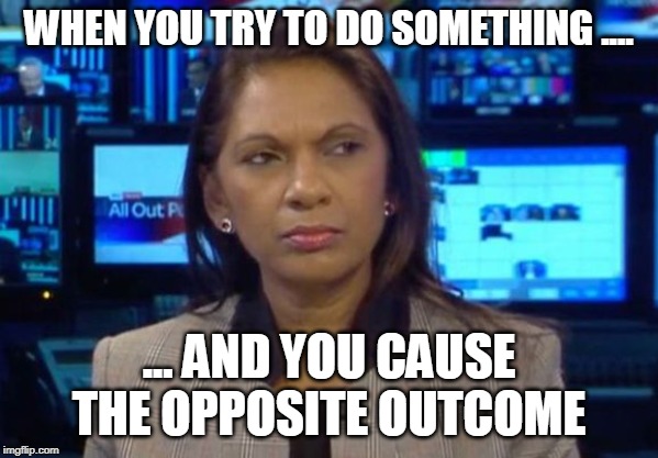 Gina Miller Misery | WHEN YOU TRY TO DO SOMETHING .... ... AND YOU CAUSE THE OPPOSITE OUTCOME | image tagged in gina miller misery | made w/ Imgflip meme maker