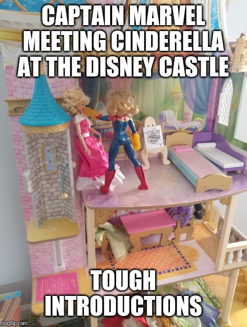 Tough introductions | CAPTAIN MARVEL MEETING CINDERELLA AT THE DISNEY CASTLE; TOUGH INTRODUCTIONS | image tagged in captain marvel | made w/ Imgflip meme maker